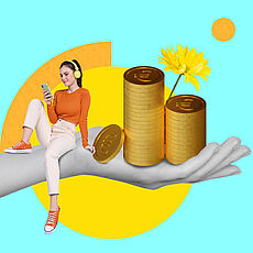 Bunte Collage, auf der eine junge Frau mit Kopfhörern und Smartphone auf einer übergroßen Hand sitzt, die goldene Münzstapel und eine gelbe Blume hält.