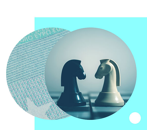 Auf einem Schachbrett stehen sich ein schwarzer und ein weißer Springer gegenüber