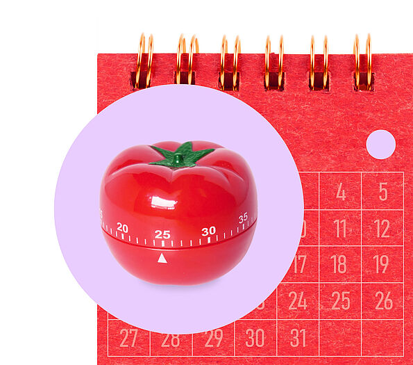 Eine rote Eieruhr in Tomatenform ist in einem lila Kreis auf einem roten Kalenderblatt platziert.