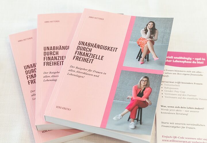 Drei Exemplare vom Buch "Unabhängigkeit durch finanzielle Freiheit" liegen aufgefächert auf einer weißen Oberfläche.