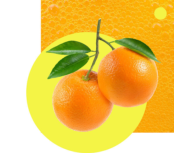 Zwei Orangen mit grünen Blättern sind auf einem kreisrunden gelben Hintergrund platziert, dazu gibt es eine orange Oberfläche im Hintergrund.