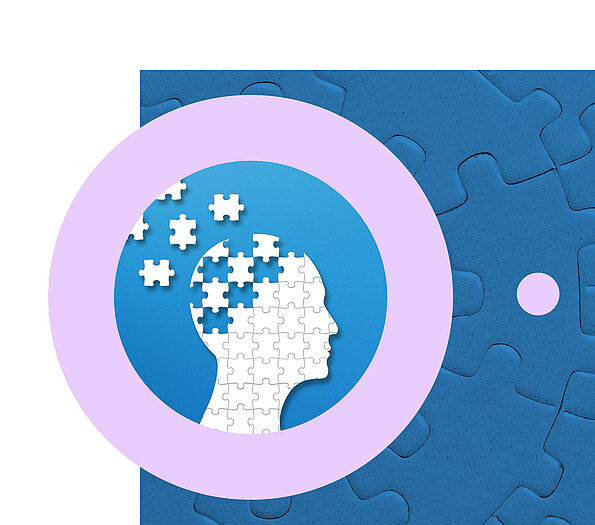 Weiße Puzzleteile auf blauem Hintergrund bilden einen menschlichen Kopf, wobei ein paar Teile noch nicht eingesetzt sind. Das Bild ist Teil einer Collage.