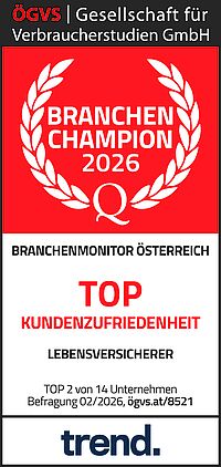 Auszeichnungsgrafik mit rotem Hintergrund und Lorbeerkranz: „Branchen Champion 2026“. Darunter steht „Branchenmonitor Österreich – Top Kundenzufriedenheit Lebensversicherer“. Hinweis: Top 2 von 14 Unternehmen, Befragung 02/2026. Oben der Absender „ÖGVS Gesellschaft für Verbraucherstudien GmbH“, unten das Logo „trend.“.