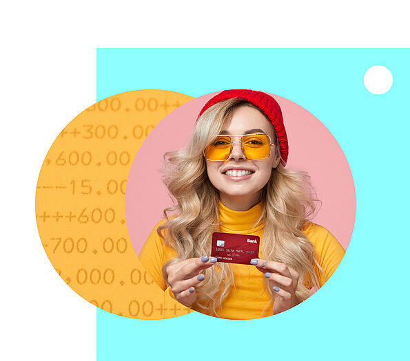 Collage mit einer blondgelockten Frau, die eine Bankkarte in der Hand hält, dahinter eine gelbe Oberfläche mit Zahlen und ein hellblauer Hintergrund