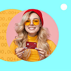 Collage mit einer blondgelockten Frau, die eine Bankkarte in der Hand hält, dahinter eine gelbe Oberfläche mit Zahlen und ein hellblauer Hintergrund