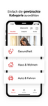Ein Smartphone wird dargestellt, wo die losleben App geöffnet ist und die Einreichungskategorie "Gesundheit" "Haus&Wohnen" und "Auto&Fahren" sichtbar sind