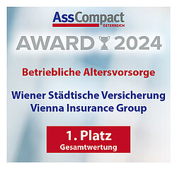 Siegel 1. Platz beim AssCompact Award 2024 in der Betrieblichen Altersvorsorge.