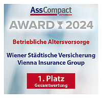 Siegel 1. Platz beim AssCompact Award 2024 in der Betrieblichen Altersvorsorge.