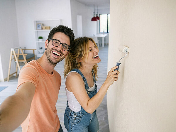 KI-generiertes Bild: Ein Mann und eine Frau stehen in einer hellen Wohnung. Die Frau streicht mit einer Farbrolle eine Wand, während der Mann lächelnd in die Kamera schaut. Im Hintergrund sind Möbel und eine minimal eingerichtete Wohnumgebung zu sehen.