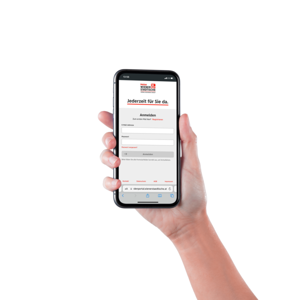 Hand hält Smartphone. Auf dem Screen ist ein Bild vom Kundenportal der Wiener Städtischen zu sehen.