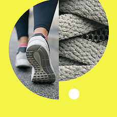 In der Collage sind Füße einer Person in Laufschuhen zu sehen und eine graue Oberfläche.