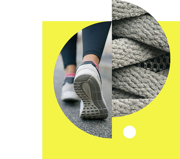 In der Collage sind Füße einer Person in Laufschuhen zu sehen und eine graue Oberfläche.