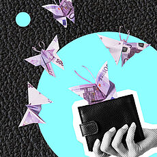 Eine Hand hält eine schwarze Geldbörse, aus der aus Geldscheinen gefaltete Schmetterlinge fliegen. Dahinter ist ein schwarzer Lederhintergrund.