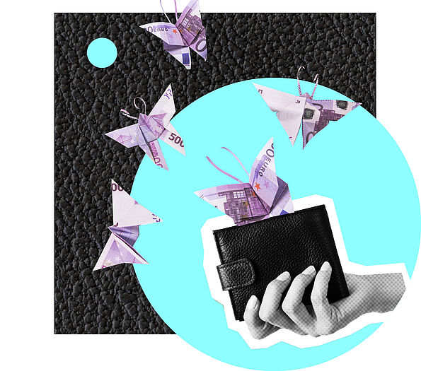 Eine Hand hält eine schwarze Geldbörse, aus der aus Geldscheinen gefaltete Schmetterlinge fliegen. Dahinter ist ein schwarzer Lederhintergrund.