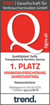 ÖGVS Testsiegel 1. Platz bei der Krankenversicherung Jahresvertrag in der Reiseversicherung.