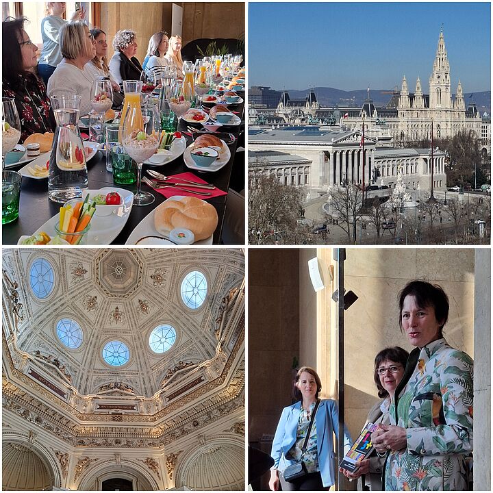 Die Collage zeigt vier Bilder, einen gedeckten Frühstückstisch im Naturhistorischen Museum mit Frauen, das Parlament und Rathaus vom Museumsdach aus, die Museumskuppel sowie ein Gruppenfoto.