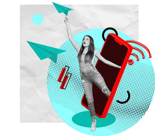 Eine farbenfrohe Pop-Art-Grafik im Collage-Stil mit einer jungen Frau in Latzhosen, die aus einem großen roten Smartphone herausspringt und dabei einen Papierflieger in die Luft hält.