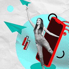 Eine farbenfrohe Pop-Art-Grafik im Collage-Stil mit einer jungen Frau in Latzhosen, die aus einem großen roten Smartphone herausspringt und dabei einen Papierflieger in die Luft hält.