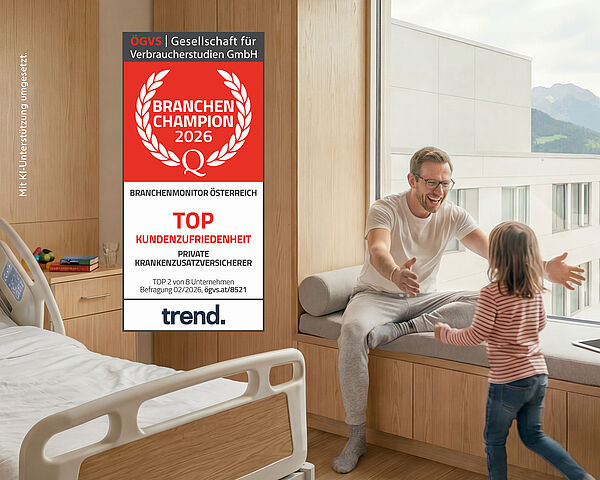 KI-generiertes Bild: Ein Mann sitzt lachend auf einer Fensterbank und breitet die Arme aus, während ein kleines Kind auf ihn zuläuft, in einem hellen, modernen Raum.