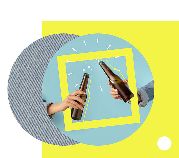 Collage, in der zwei Hände Bierflaschen halten und damit anstoßen.