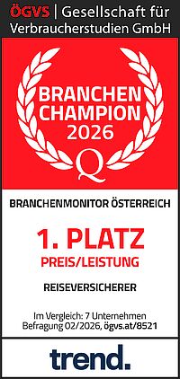 Auszeichnungsgrafik mit rotem Feld und Lorbeerkranz: „Branchen Champion 2026“. Darunter steht „Branchenmonitor Österreich – 1. Platz Preis/Leistung Reiseversicherer“. Hinweis: Vergleich von 7 Unternehmen, Befragung 02/2026. Oben der Absender ÖGVS – Gesellschaft für Verbraucherstudien, unten das Logo des Magazins trend.
