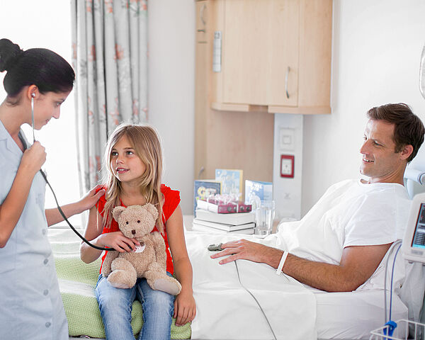 Krankenhausszene in einem hellen Patientenzimmer: Eine Pflegekraft hört mit einem Stethoskop das Herz eines Mädchens ab, das auf dem Bett sitzt und einen Teddybären im Arm hält. Daneben liegt ein Mann im Krankenhausbett und lächelt, angeschlossen an medizinische Geräte.