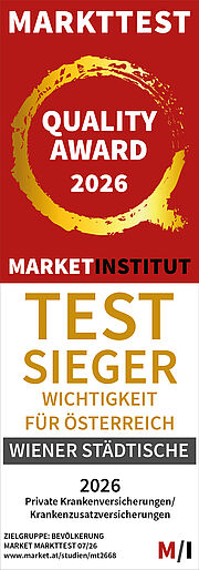 MARKTTEST Quality Award 2026: Wiener Städtische ist Testsieger bei privaten Kranken- und Krankenzusatzversicherungen.