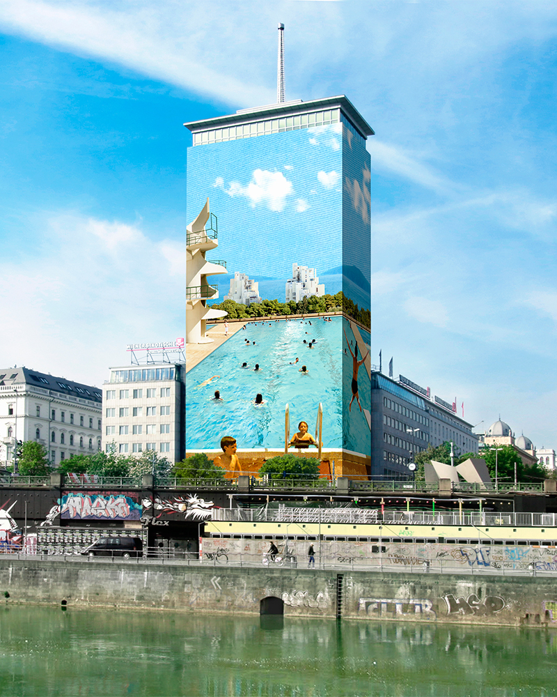Bild vom Ringturm, wo die Fassade mit einer Abbildung eines Schwimmbades, tapeziert ist 