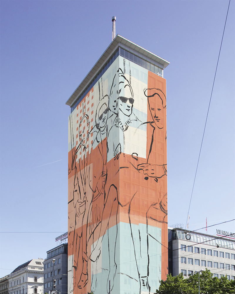 Bild vom Ringturm, wo die Fassade mit einer Abbildung von einer Familie unterschiedlicher Genrationen im künstlerischen Stil, tapeziert ist 